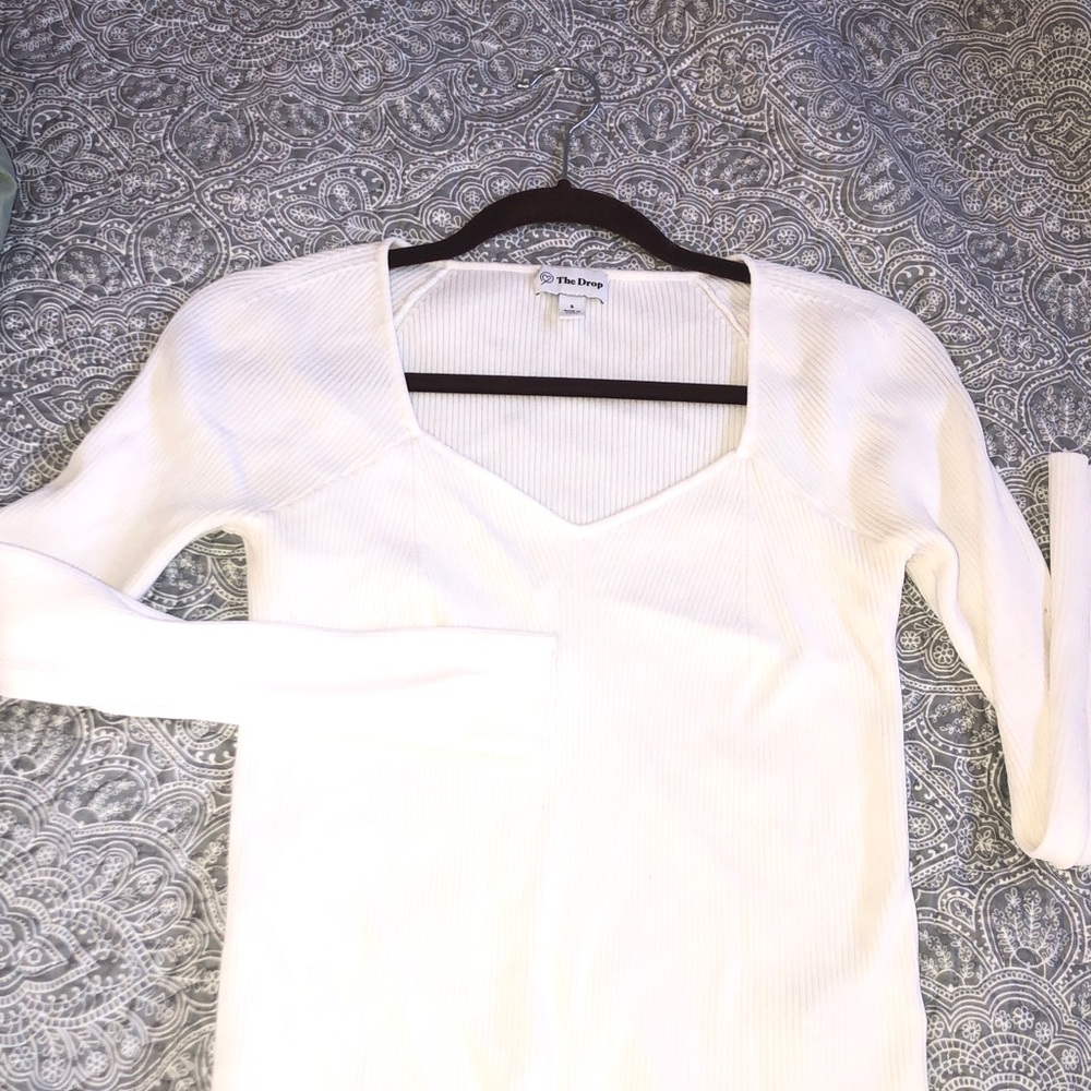 The Drop Women's White Ribbed V-Neck Blouse